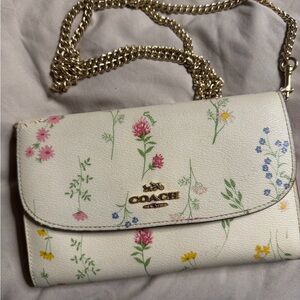 Coach White Floral Clutch with Gold Chain
